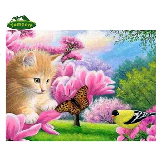 YUMEART Diamond Painting Cat and Butterfly Birds Animals Cross Stitch Crystal Needlework Cat Embroidery kits Diamond Decorative