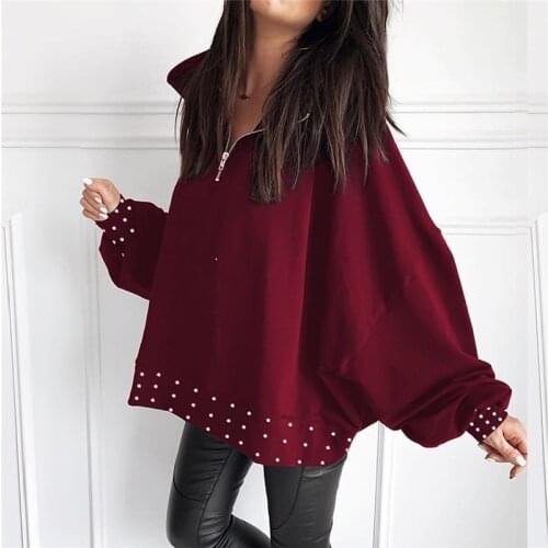 2021 Women Spring Summer Beaded Detail Zipper Neck Casual Blouse Ladies Loungewear Gothic Style Long Sleeve Pullover Tops Daily