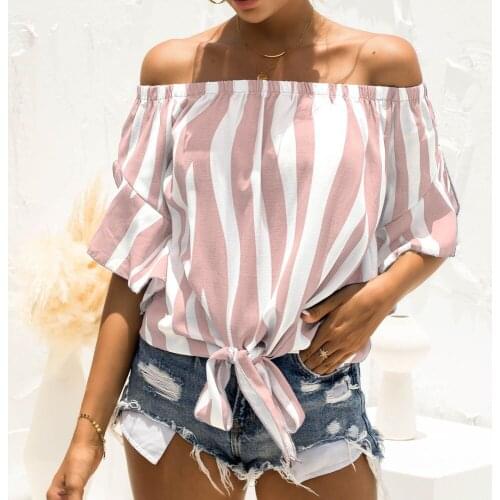 Contrast Color Vertical Stripes Off the shoulder Blouses Tops Sweet Loose Women Summer Flare Sleeve Lace-up T-shirt Tee Top 2021