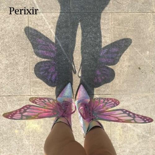 Perixir Womens Butterfly Sequins Relief Stiletto Heel Zip Up Ankle Boots Strap Clubwear Glitter Fretwork Evening Lady For Sh