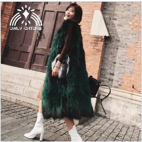 New genuine real natural raccoon fur vest with big fox fur pocket women fashion X-long 115CM length fur jacket gilet big size