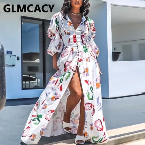 Women Printed Puff Sleeve Button Design Maxi Shirt Dress