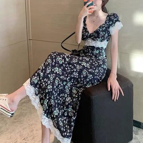 Bella Elegant Slim Causal Daisy Flower Lace Dress Vintage Short Sleeve V Neck Long Dress Casual Holiday Lady Beach Boho Dress