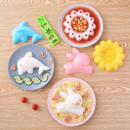 1 Set Animal Rice Mould Rabbit Dolphin Flower Rice Mold Tool Breakfast Lunch Box DIY Mold for Student Children Baby Bento Food