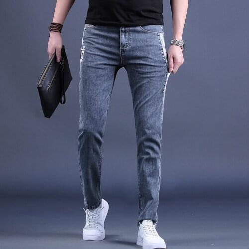 2021 Summer Thin Jeans Men Fashion Blue Gray Slim Fit Pencil Pants Korean Style Casual Spliced Denim Trousers