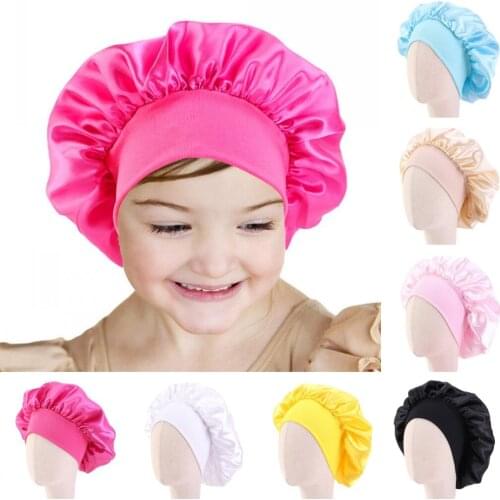 Satin Bonnet Cap Solid Color Kids Turban Chemo Hat Girls Wide Elastic Band Solid Night Sleep Beanies Skullies Chemo Cap Fashion