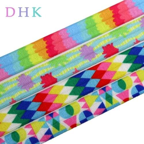 DHK 5/8'' 50yards summer plaid pattern printed Fold Elastic FOE stretch ribbon hairbow headwear headband DIY Wholesale S888