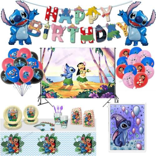 Disney Loli Stitch Party Decoration Set Banner Balloon Backdrop Topper Birthday Supplie Shower Kid Celebration Supply Disposable