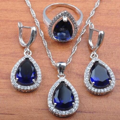 For Women Blue Cubic Zircon Jewelry Set Water Drop Earrings Necklace Pendant Ring Dubai Wedding Jewelry 2020 New JS0105