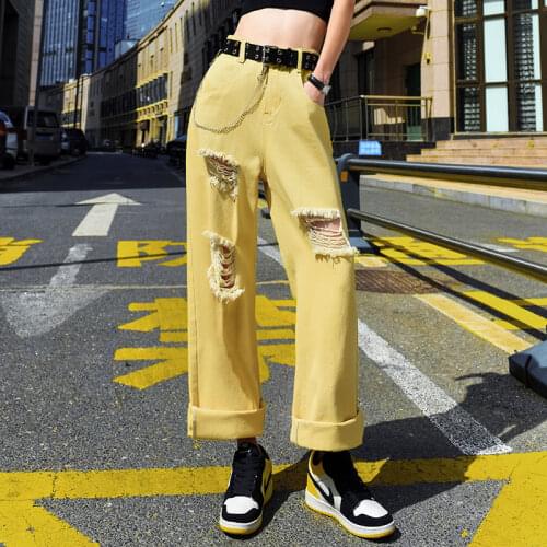 Oversized Yellow Jeans Holes Ripped Yellow Beggar Belt Loose Wide Leg Denim Pants Summer Straight Full Length Jean Trousers P155