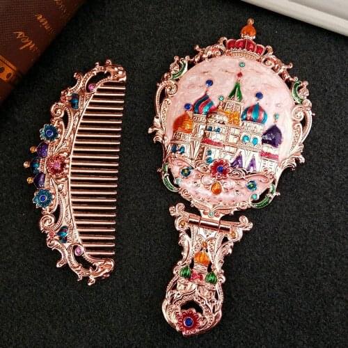 European Palace Retro Metal Handle Portable Mirror Comb Set Home Bedroom Folding Tattoo Mirror Makeup Mirror Crafts Decoration