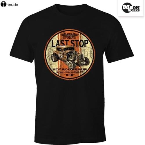 Mens High Quality Tees Herren T-Shirt - Hot Rod Last Stop Rockabilly Retro Oldschool USA - MoonWorks O-Neck Teenage T-Shirt