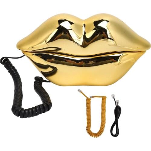 Electroplating Golden Lip Shaped Telephone Home Landline Phone Mouth Telephone Desktop Fixed Wired Phone for Home Office Hotel