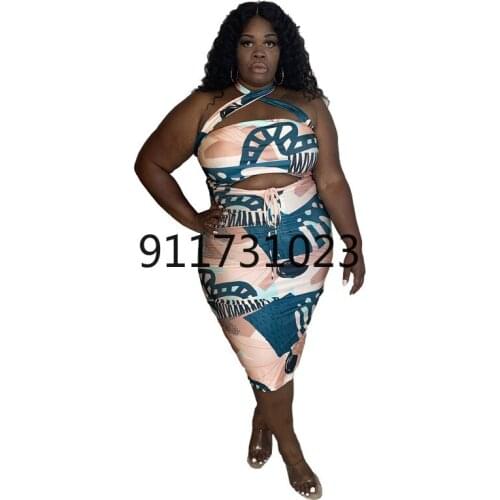 Clubwear Women Sexy Two-Piece Set Plus Size Lace-up Halter Backless Tops High Waist Bodycon Print Mid-Calf Skirts Summer Outfits