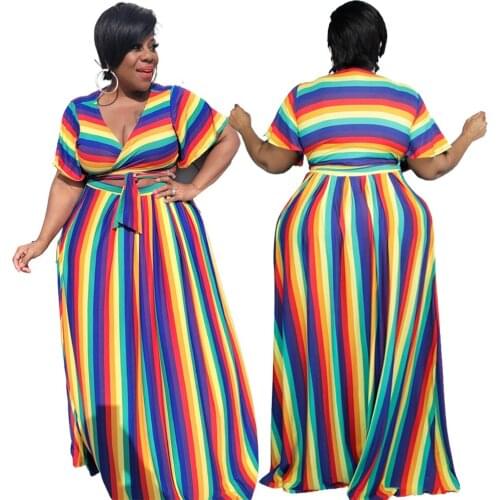 2 Piece Set Women Clothing Rainbow Stripes Sexy V Collar Bandage Tops Loose Skirts Plus Size Suit 3xl 4xl Wholesale Dropshipping