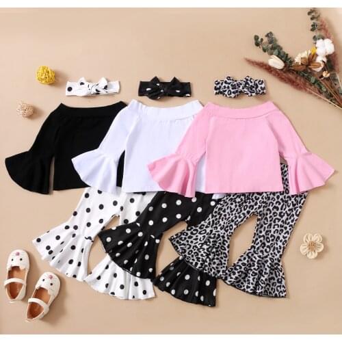 Lioraitiin 0-4Years Toddler Baby Girl 3Pcs Autumn Fashion Clothing Set Long Sleeve Solid Top Dot Printed Long Flared Pants