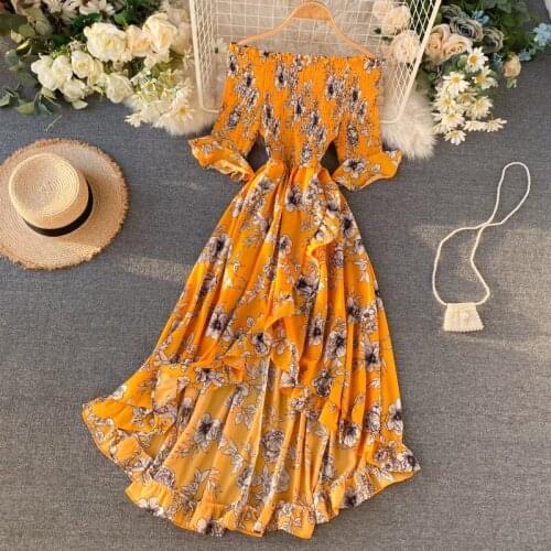 2021 Summer New Seaside Holiday Style Floral Long Dress Goddess Slash Neck High Waist Was Thin Irregular Ruffled Dress