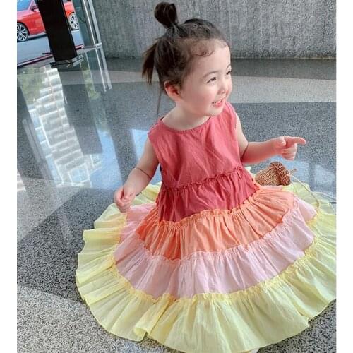 Retail 2021 Summer Baby Girls Rainbow Pleats Vest Dress, Princess Kids Sweet Clothing 2-6T