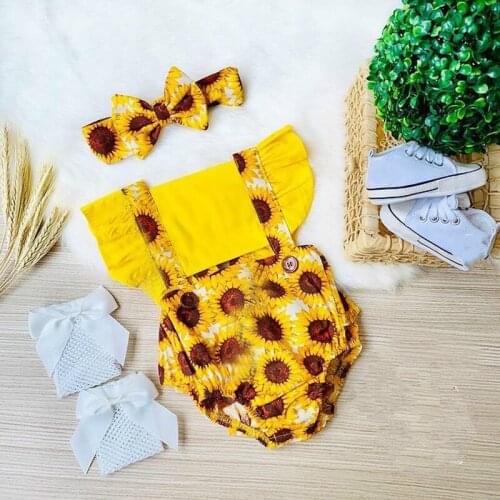 0-24M Summer Baby Girls Rompers Sunflowers Printed Ruffles Short Sleeve Backless Jumpsuits