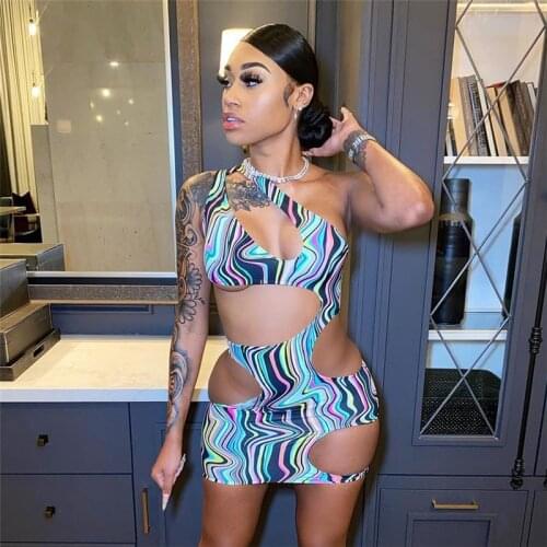 Fashion Inclined Shoulder Print Hollow Out Mini Dress for Women Sleeveless Side Cut Short Vestidos Nigt Club Robes 2021