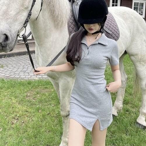 Shestyle Fashion POLO Collar Gray Dress Women Slim Sheath Button Short Sleeve Black Mini Solid Dress Lady Outfit Summer New