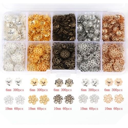 6/10mm 450pcs Hollow Flower Bead Caps Alloy Filigree Accessories Kit for Jewelry Making Findings