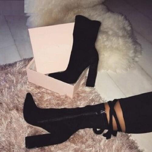 IPPEUM 2021 New Flock Ankle Boots Women For Autumn Winter Fashion Pointed Toe heel Zipper Woman Chelsea Boots Plus Size 4-10