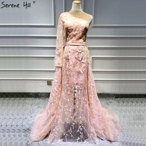 Peach One Shoulder Long Sleeve Prom Dresses Real Photo Handmade Flowers Sexy Prom Gowns 2019 Serene Hill DLA70011