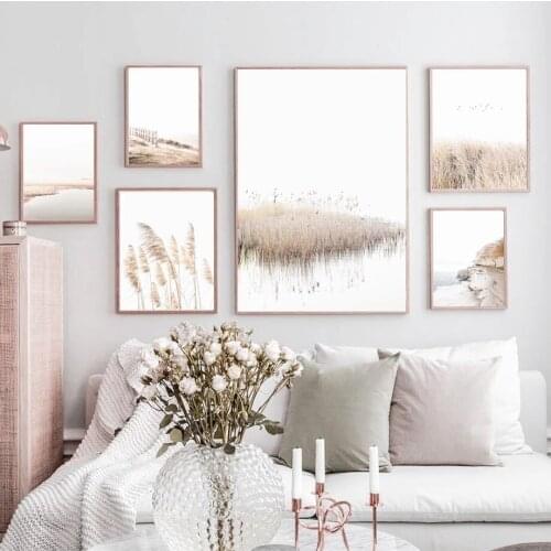 Beige Reed Bridge Rock Lake Dayan Posters and Prints Nordic Landscape for Living Room Decor Canvas Painting Wall Art Pictures