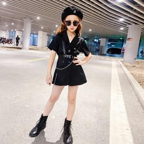 Kids Girls Short Sleeve Black Blazer Dresses 8 10 years Dance Hiphop Dresses with Belt Tops Teen Girls Clothes