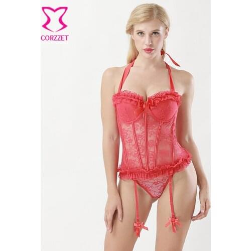 Transparent Stretch Floral Lace Red Corset Sexy Lingerie Halter Neck Push Up Padded Bra Top Bustier Gothique Corsets et Bustiers