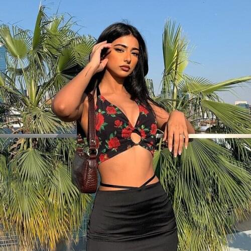 Rose Print Corset Top 2021Summer New Halter Camis Sexy Tops for Women Fashion Backless Hollow Out Bandage Slim Y2k Wrap Crop Top