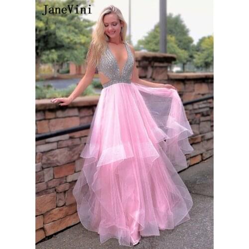 JaneVini Sexy V Neck Beaded Blush Prom Dresses 2020 Luxury A Line Prom Dress Diamond Open Back Tulle Formal Dress Vestido Fiesta