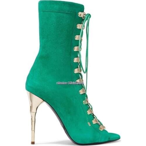 Green Black Suede Leather Peep Lace Up Abnormal Heeled Ankle Boots Women Gold High Heel Short Boots Show Shoes Plus size 43