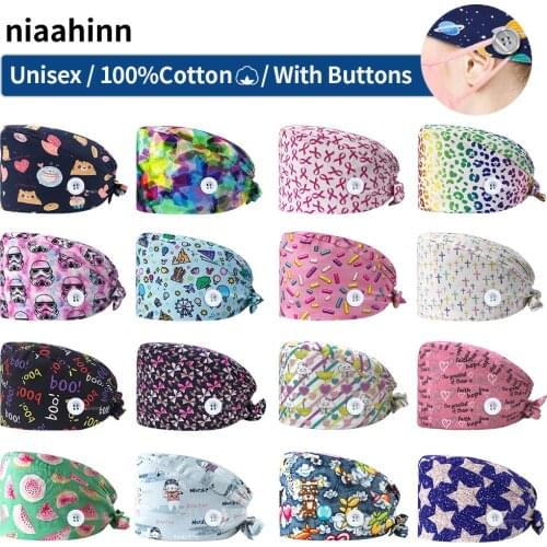 100%Cotton Animal Printed Beauty Salon Work Hat Health Service Scrubs Women Cap Adjustable Work Hat with Buttons Sweat-absorbent