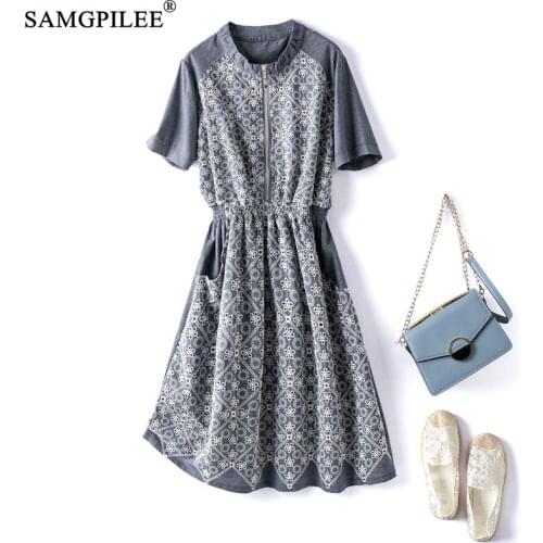 Dress Plus size 2021 summer clothes for women Embroidered flower stand collar elastic waist short sleeve slim dresses for woman