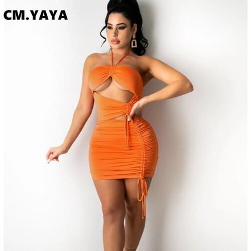 CM.YAYA Women Dress Halter Shirrint Solid Hollow Out Sheath Elastic Mini Dresses Sexy Night Club Party Dress Summer Outfits 2021