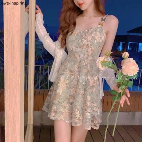 Summer Floral Dress Women 2021 Sweet Lace Green Fairy Dresses Vintage Sleeveless Halter Backless Bandage Beach Fairy Retro Sweet