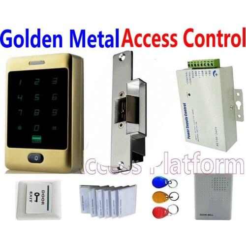 Golden color 8,000 user capacity Metal case Standalone access controller door strike lock,power supply door bell exit button kit