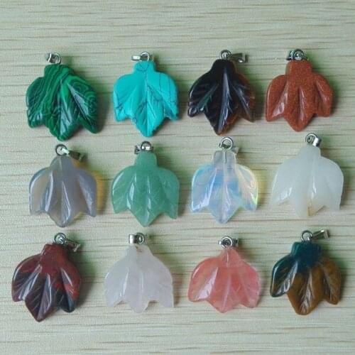 2018 fashion natural stone mixed carved maple leaves charms pendants for necklaces jewelry making 12pcs wholesale free shipping