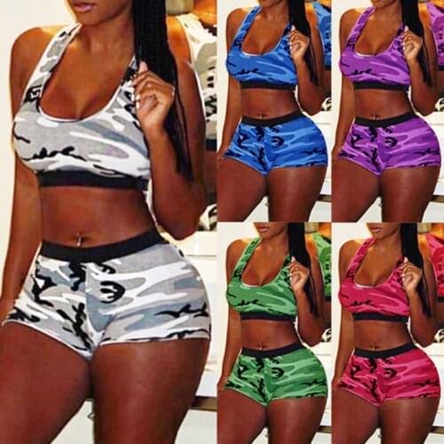 2021 Sexy Sport Fitness Active Sets Womens Fashion Casual Print Dyed Sleeveless Vest Sports Shorts Suit