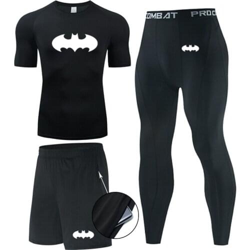 3pcs/Sets Mens Sportswear Man Rashguard Suit Male kit MMA Compression Boxing Clothing Short Sleeve T Shirt+Workout Leggings