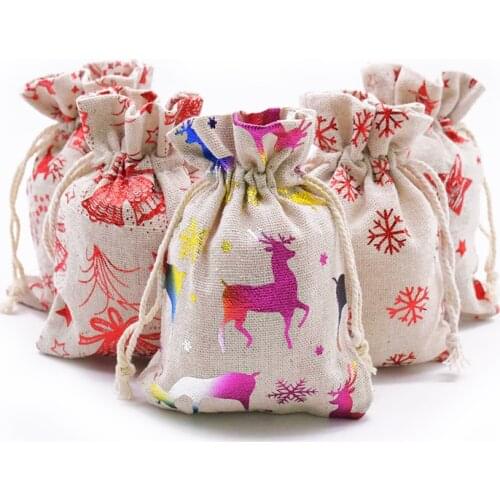 5pcs Drawstring Canvas Bags Christmas Gift Bags Package Holders Santa Deer Elk Xmas Packaging Supplies Natal Holiday Party Decor