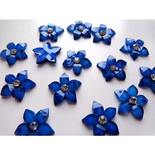 Sew on deep blue crystls flower shape 15mm flatback rhinestones 2 holes silver diamond gem stone for dress 60pcs