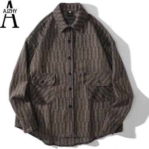 AJZHY 2020 Winter Shirts Thick Striped Long Sleeve Oversized Streetwear Vintage Harujuku Shirt Coats Pockets Shirt Jackets Tops