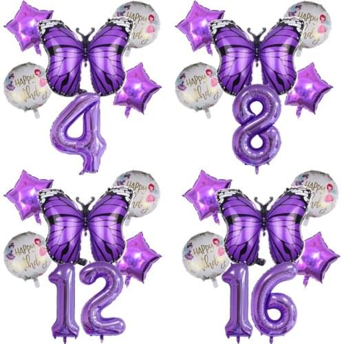 Large 40inch Purple Number Aluminum Butterfly Foil Balloons Happy Birthday Girls Birthday Decorations