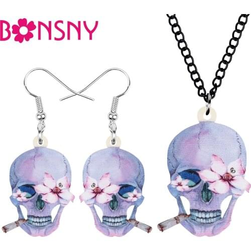 Bonsny Acrylic Halloween Cigarette Skeleton Skull Jewelry Sets Aesthetic Earrings Necklace For Women Lover Funny Gift Decoration