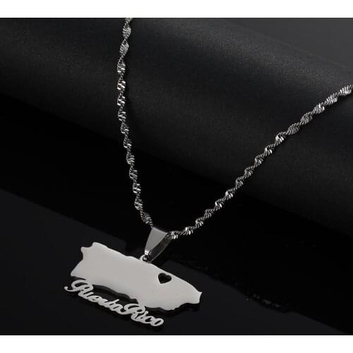 Stainless Steel Trendy Puerto Rico Map Pendant Necklaces PR Puerto Ricans Map Heart Chain Jewelry