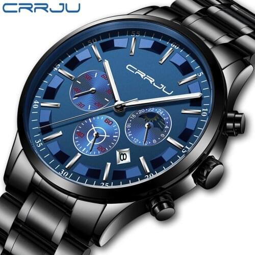 CRRJU Mens Watch Luxury Date Calendar Chronogra Watch For Men Military Waterproof Sports Black Stainless Steel Wrist Watches