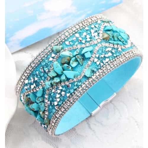 Natural Irregular Gravel Stone Crystal Magnetic Wrapped Wristband Bracelet Wide Leather Cuff Bangles for Women Jewelry
